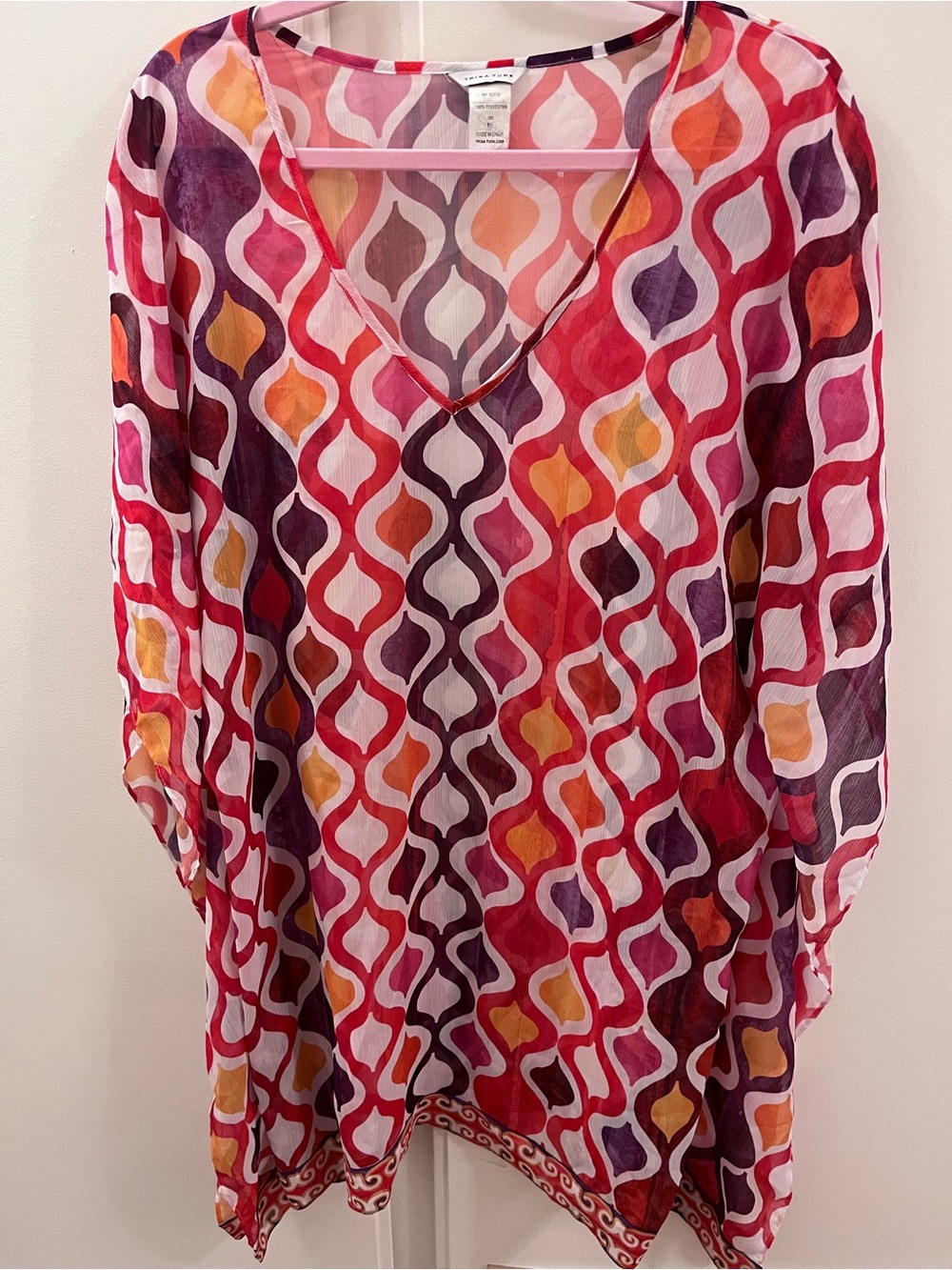 Trina Turk Ogee/Moroccan Tile-Inspired Print V-Neck Sheer Swim Coverup - Size M
